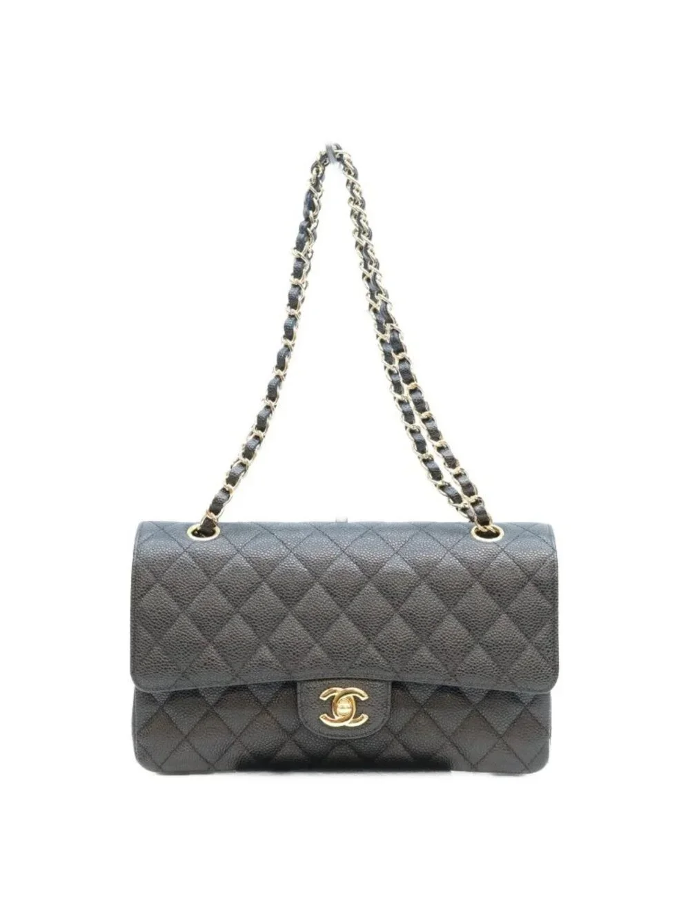 Chanel Black Caviar Inside Gold Quilted 25 Shoulder Bag